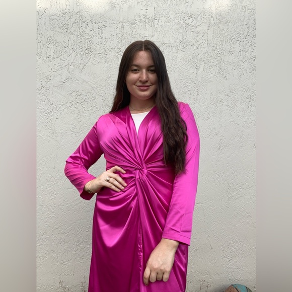 Hot Pink Satin Knot-Front Maxi Dress – Long Sleeve, Draped Silhouette - Picture 2 of 8